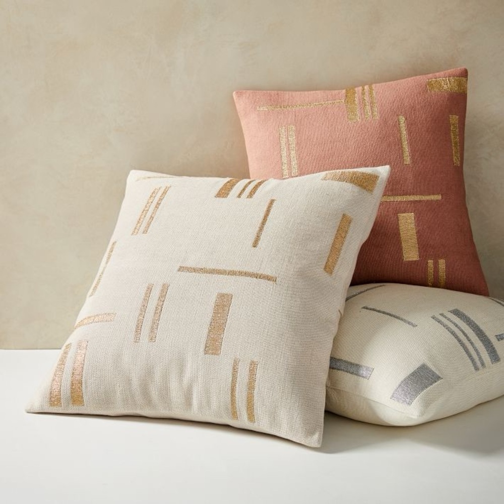 WEST ELM Embroidered Metallic Blocks Pillow Cover Geometric Accent Set PINK - Picture 4 of 14
